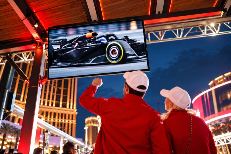 Guests in Club SI jackets cheering at live race coverage on a screen above the rooftop